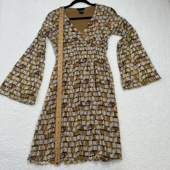 BCBGMaxazria Women's Boho Bell Sleeve Sheer Lined Mini Dress Size XS Gold Brown - Picture 9 of 11